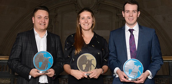 From left, Contractor Graduate of the Year Jonathan Knight, Consultant Graduate of the Year Charlotte Murphy, and Client Graduate of the Year Christian O’Brien.
