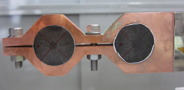 Sample holder for split-coil PFM experiments with two of the Bulk Superconductivity Group’s Gd-Ba-Cu-O bulk high-temperature superconductors.