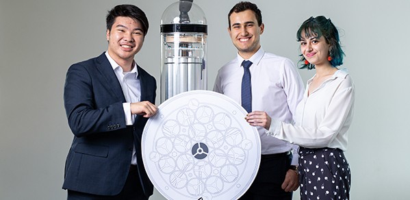 PuriFlow is an electrostatic precipitator designed to remove particulates from the air. Team (from left): James Lee, Darius Danaei and Sian Evans.