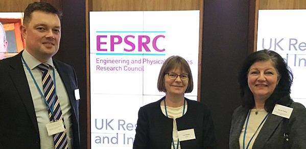 FIBE2 CDT PI Professor Abir Al-Tabbaa (right) and lead Industry Partner, Tim Embley - Costain, with Professor Lynn Gladden, Executive Chair of EPSRC, at the Launch Event at the London Stock Exchange 