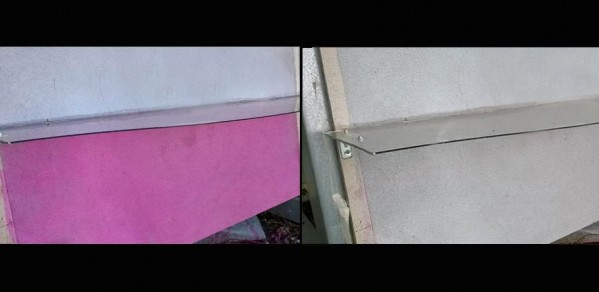 Left: Photocatalytic panel exposed outdoor. The purple section is treated with a pollutant. Right: Three weeks later, pollutant has been degraded by the photcatalyst