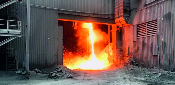 Electric Arc Furnace (EAF) steel recycling process. For the Cambridge Electric Cement process this material will be cooled to make Portland Cement clinker. 