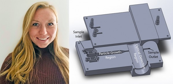 Dr Molly Haugen and a computer-aided design (CAD) image of the main components of the mini condensation particle counter (CPC) that is in development.
