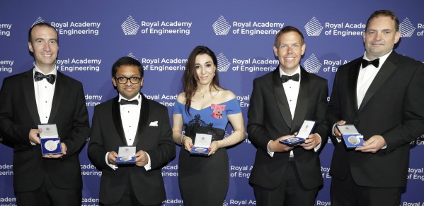 Princess Royal Silver Medallists L-R; Dr Oliver Payton, Dr Atif Syed, Heba Bevan OBE, Professor Paul Shearing and Professor Daniel Brett