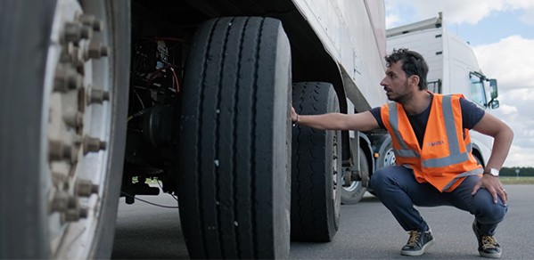 Research Associate Dr Francesco Amoruso during a live demo of a project titled 'Brake-Actuated Steering to reduce the carbon emissions of HGVs', funded by the Department for Transport.