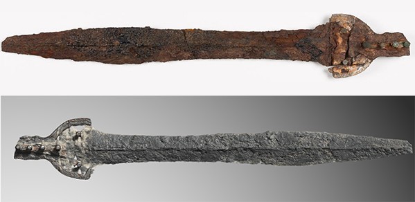 TOP: Tamassos Sword (6th century BC). BOTTOM: Micro-CT image showing the underneath layer of the sword to reveal metal work.