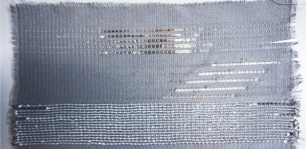 A prototype of smart textile comprising QD-LEDs, transistors and capacitors, fabricated by automated processes.