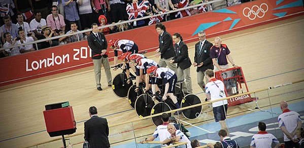 Ed Clancy, Geraint Thomas, Steven Burke and Peter Kennaugh take off in the Team Pursuit at London 2012. Credit: Simon Connellan on Unsplash.