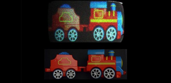 Reconstructed holographic images of a toy train (top) with holobricks and original image captured by a camera (bottom).