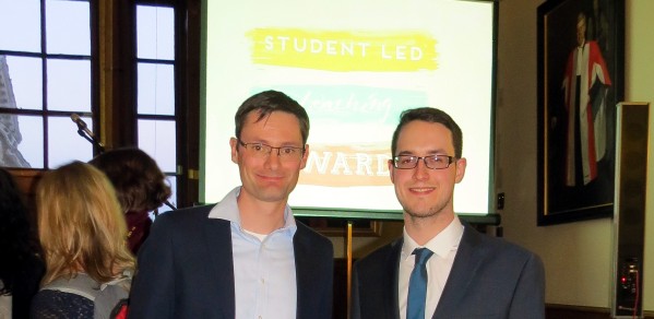 Dr Richard Turner, left, presented with the award by Rob Richardson, Cambridge University Student Union Education Officer
