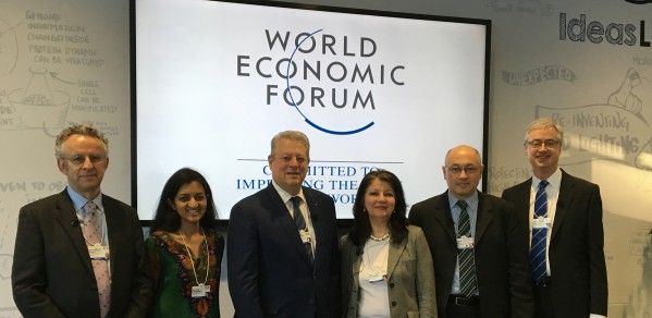 From left, Richard Friend, Suchitra Sebastian, Al Gore, Abir Al-Tabbaa, Markus Kraft and Jim Leape at the World Economic Forum Annual Meeting in Davos