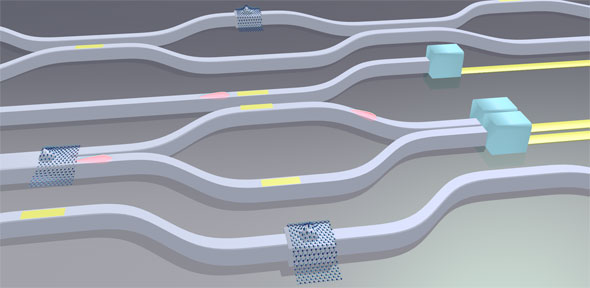 Artist’s impression of on-chip quantum photonics architecture with single photon sources and nonlinear switches on optical waveguides, credit Matteo Barbone.