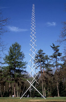 The needle tower sculpture built in Washington by the artist Kenneth Snelson. Raj's work is developing methods to find all possible examples of similar structures.