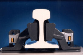 Vanguard resilient rail support.  The resilience acts on the web giving low vertical stiffness with high lateral stability (Source:Pandrol Ltd, UK)