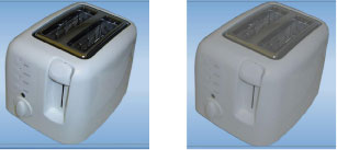 A toaster viewed with full vision capability, compared to the same toaster viewed by someone with reduced contrast sensitivity