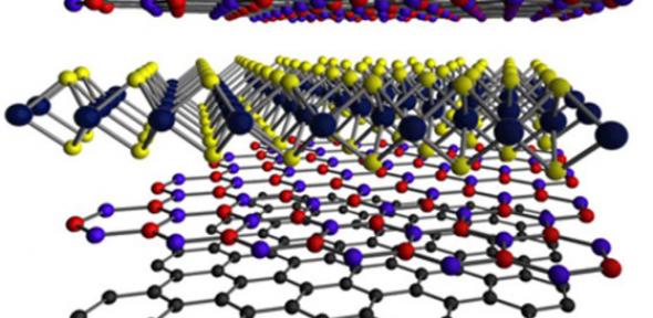 Detail from a hybrid three-dimensional heterostructure consisting of graphene, boron nitride and molybdenum disulphide