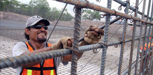 Worker assembling rebar for water treatment plant in Mazatlan, Sinaloa, Mexico.
