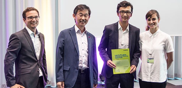 Ruizhi Wang (second right) and HexagonFab partner Dr Hannah Stern accept the award at Merck headquarters in Germany. Also pictured, from left, Tobias Helbich and Wookyu Kim from Merck. 