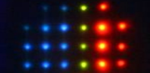 Polychromatic laser emission from a gradient pitch liquid crystal cell, pumped from a single optical source