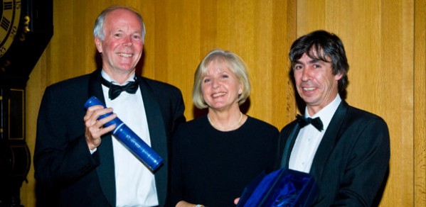 Professor Randall Thomas (left) and Allan McRobie (right) receiving the Happold Brilliant Award from Lady Happold