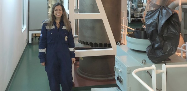 Dr Anna-Maria Kypraiou on the lower deck of a crude oil tanker working on optimising the energy consumption of the vessel.