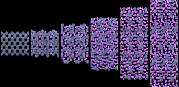 Silicon (here shown in grey) is a promising next-generation anode material for lithium-ion batteries, capable of holding 10 times as many lithium ions (shown in pink) as currently-used anodes.