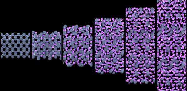 Silicon (here shown in grey) is a promising next-generation anode material for lithium-ion batteries, capable of holding 10 times as many lithium ions (shown in pink) as currently-used anodes. 