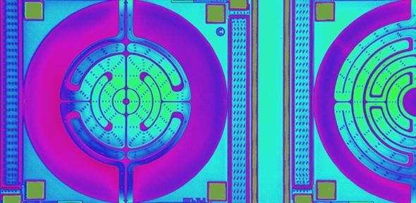 Microscope/Micrograph of MEMS Micro-heating element with integrated CMOS electronic driver and temperature sensing circuits