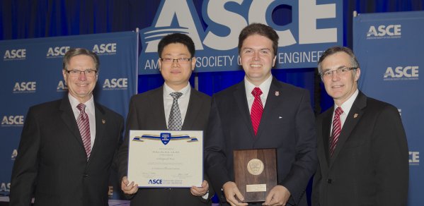 Presentation of Collingwood Prize to Ioannis Brilakis (third from left) and Zhenhua Zhu by Greg DiLoreto and Patrick J. Natale