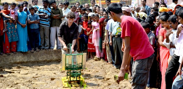 Demonstrating the transplanter at an agricultural show