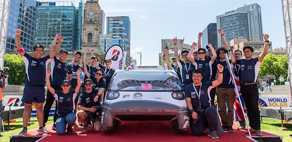 The CUER team with Helia at the close of the 2019 Bridgestone World Solar Challenge.