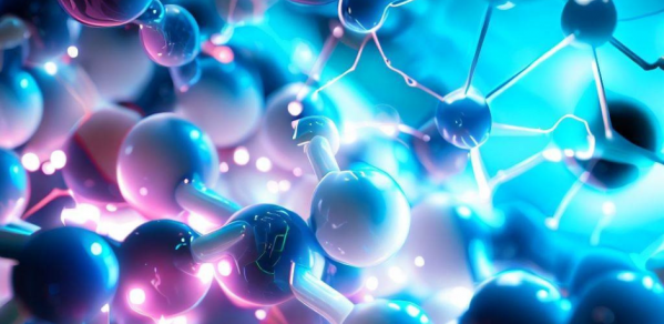 Artist’s illustration of an electronic polymer in water conducting both ionic and electronic charges.