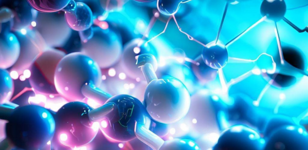 Artist’s illustration of an electronic polymer in water conducting both ionic and electronic charges.  