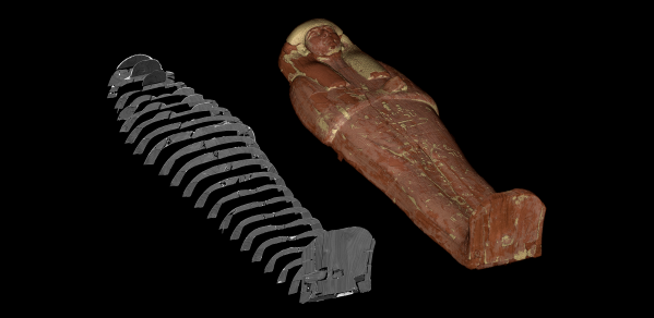 Nespawershefyt inner coffin lid volume rendering alongside individual cross section cuts