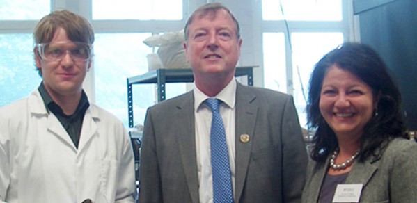 Dr Al-Tabbaa pictured with one of her students, David O'Connor, and the 2012 ICE president Richard Coackley (centre) during his visit to Cambridge last year.