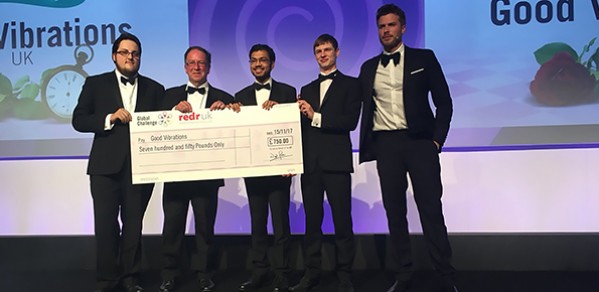 Collecting their prize on the night, from left: Joshua de Gromoboy, Martin McCann (CEO of the RedR charity), Siddharth Gupta, Gwilym Rowbottom, and ceremony host Rick Edwards.