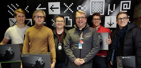 The team with their Microsoft prizes, from left, Luke Harries (UCL); Marcin Kolaszewski (Brown University); Filip Kozera (University of Cambridge), and Mateusz Staniszewski (Imperial College London)