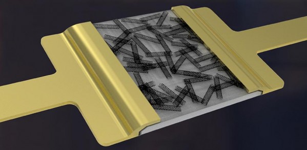 Artist's impression of a hybrid-nanodielectric-based printed-CNT transistor  