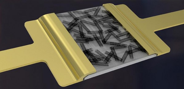 Artist's impression of a hybrid-nanodielectric-based printed-CNT transistor