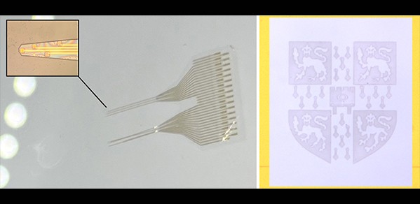 LEFT: Implantable electrocorticography device made using the heat treatment method. RIGHT: University of Cambridge logo patterned into PEDOT:PSS using a femtosecond laser