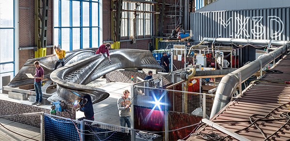 The MX3D Bridge during construction before its installation in Amsterdam.