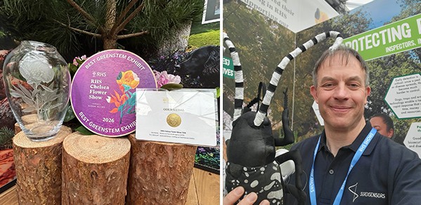 Left, the Gold Medal award from the RHS Chelsea Flower Show. Right, Professor Andrew Flewitt at the Animal and Plant Health Agency (APHA) exhibit