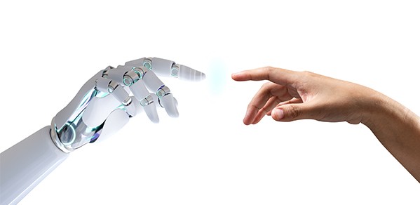 Human hand reaching for robotic hand