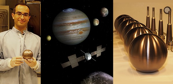LEFT: Dr Bakhit holding a test probe. CENTRE: An artist's illustration of JUICE on its journey towards Jupiter. RIGHT: The probes and their stubs after coating with dense, smooth TiAlN thin films.