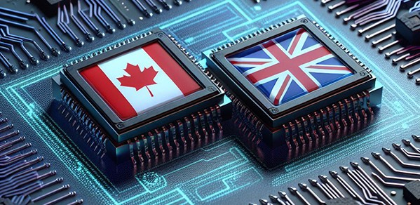 AI-generated concept image of Canadian and UK flags on semiconductors