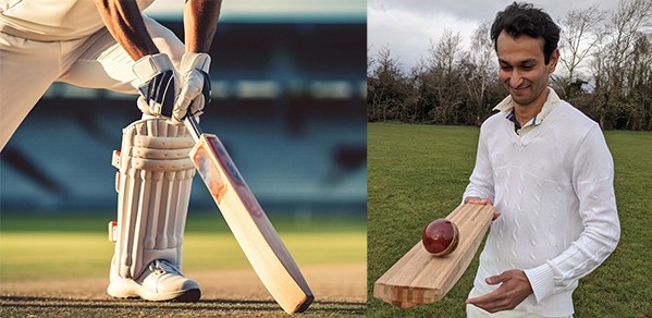LEFT: Cricket batting pads – essential protection for batsmen. Research is underway into batting pad prototypes made from biomaterials. RIGHT: Cambridge researcher and cricketer Dr Darshil Shah.