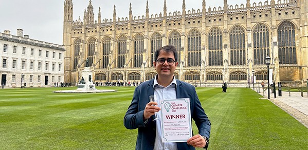 Co-founder of Neela Biotech Dr Deepanshu Singh standing in the grounds of King's College, Cambridge