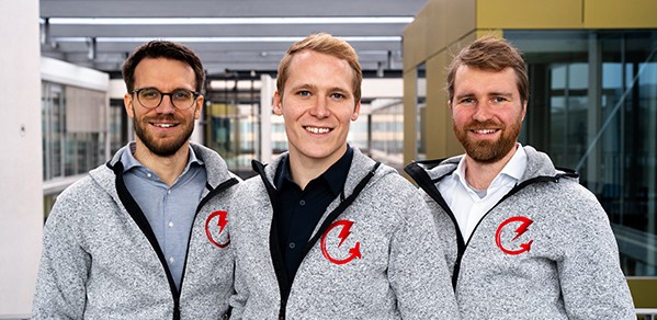 From left, Jonas Fauser (Head of Software Development), alumnus Tobias Kahnert (CEO), and Simon Rudolph (Head of Projects)