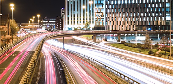 A long-exposure shot of traffic on the motorway.