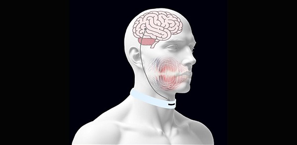 Micromovements in the throat are captured by an ultrasensitive strain sensor integrated into a smart choker, comprising a textile substrate with an overlying structured graphene layer.